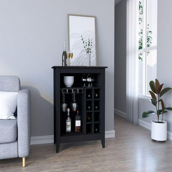 We Have Furniture Bar Cabinet Castle, One Open Shelf, Six Wine Cubbies, Black Wengue Finish