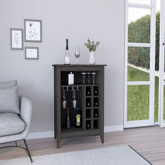We Have Furniture Bar Cabinet Castle, One Open Shelf, Six Wine Cubbies, Carbon Espresso Finish