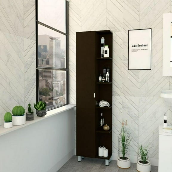 We Have Furniture Corner Cabinet Womppi, Five Open Shelves, Single Door, Black Wengue Finish