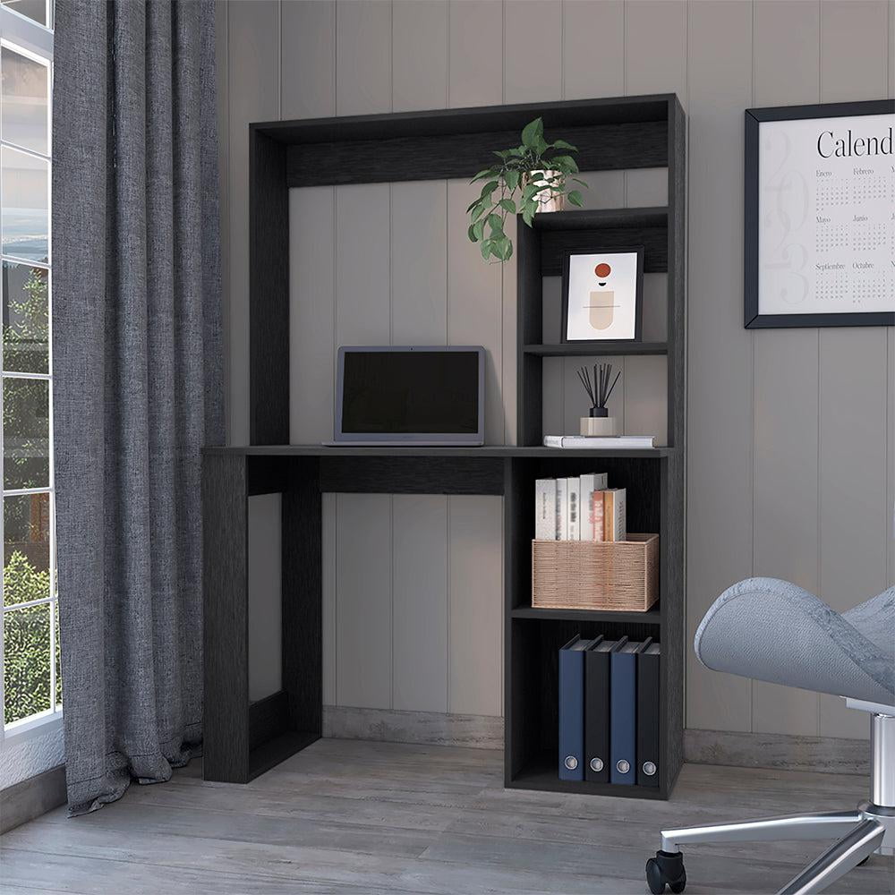 Black Rectangular Wood Desk with Hutch and Shelves