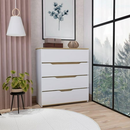 We Have Furniture Dresser Oboe, Superior Top, Four Drawers, White / Light Oak Finish