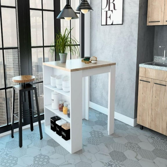 We Have Furniture Kitchen Counter Dining Table Toledo,Three Side Shelves, White / Light Oak Finish