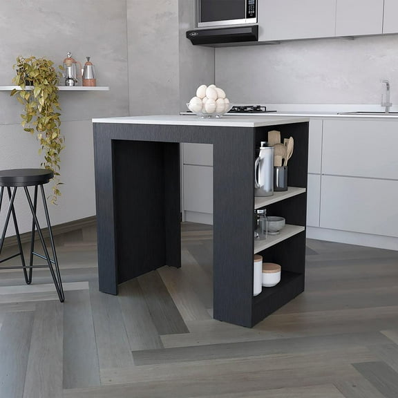 We Have Furniture Kitchen Island Doyle, Three Side Shelves, Black Wengue and Ibiza Marble Finish