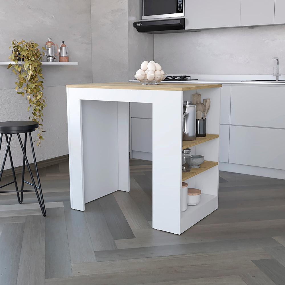 White and Light Oak Compact Kitchen Island with Three Side Shelves