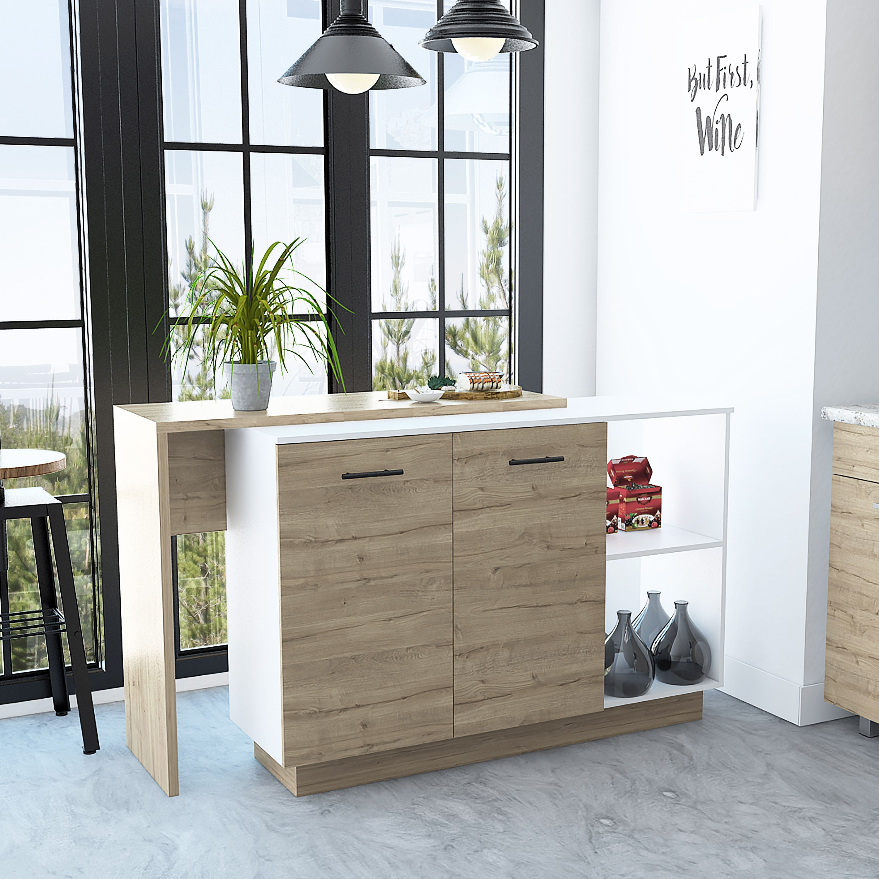 dokea Kitchen Island Ohio, Kitchen Island, White / Light Oak, 47”