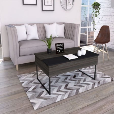 Treevol Furniture, Lift Top Coffee Table Wuzz, Two Legs, Two Shelves, Carbon Espresso / Black Wengue Finish