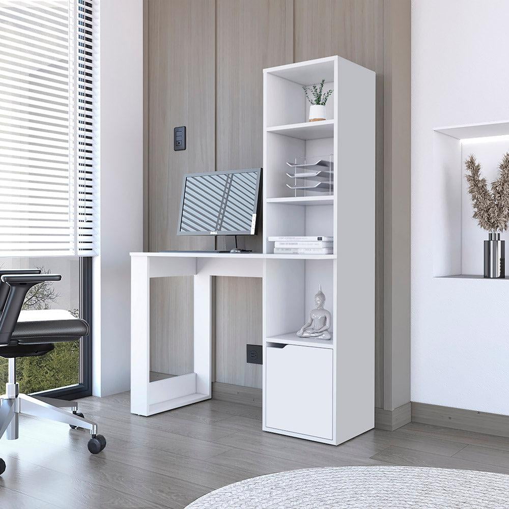 White Modern Office Desk with Bookcase and Cabinet