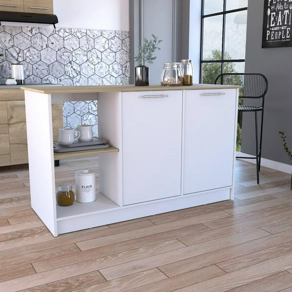 We Have Furniture Kitchen Island Padua, Four Open Shelves, Light Oak / White Finish