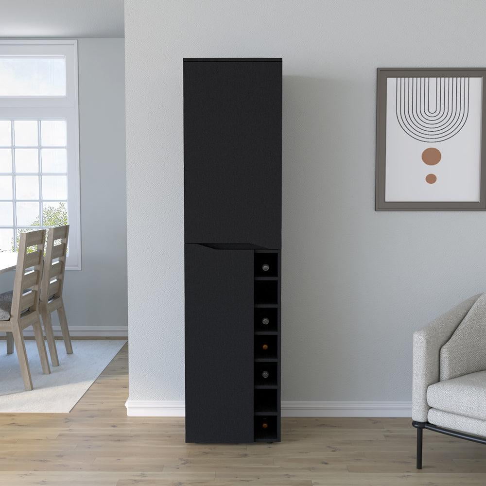 Black Tall Bar Cabinet with Wine Cubbies and Shelves