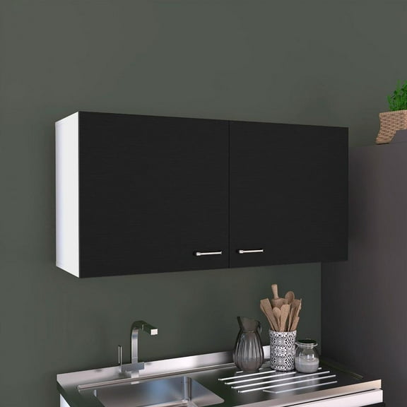 We Have Furniture Wall Cabinet Toran, Two Shelves, Double Door, Black Wengue Finish