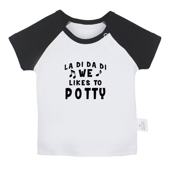 We Likes To Potty Funny T shirt For Baby, Newborn Babies T-shirts, Infant Tops, 0-24M Kids Graphic Tees Clothing (Short Black Raglan T-shirt, 18-24 Months)