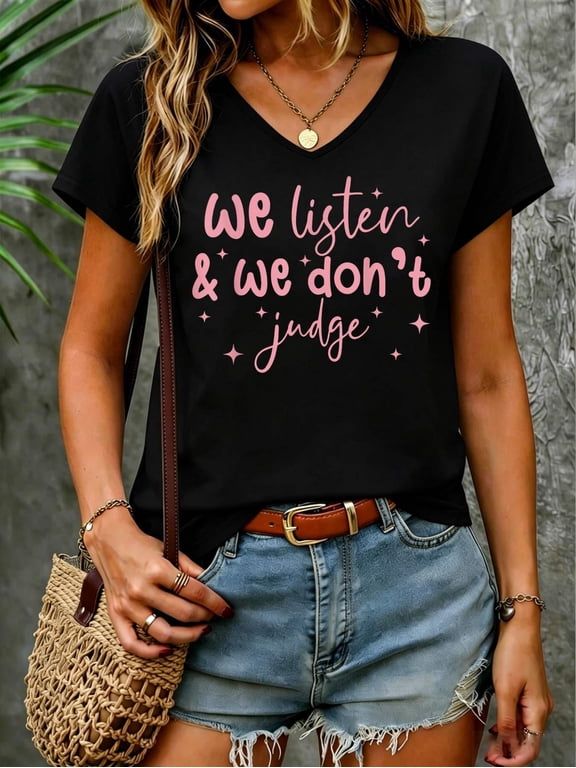 We Listen and We Don't Judge V Neck T-Shirt Cotton Women's V Neck Graphic Tee, Casual Short Sleeve Shirt,Vacation Outfit