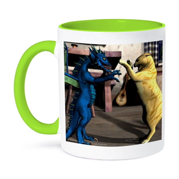 3dRose, We Play Fantasy Dragon Cat Cute 3D, 15oz Two-Tone Green Mug
