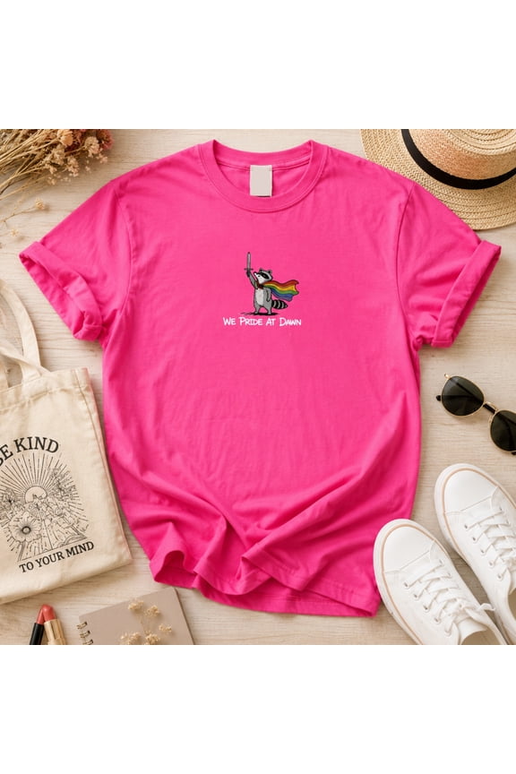 We Pride At Dawn Funny Raccoon T-Shirt, Pride Month LGBTQ Rainbow Hero Graphic Tee, Unisex Soft Cotton Shirt