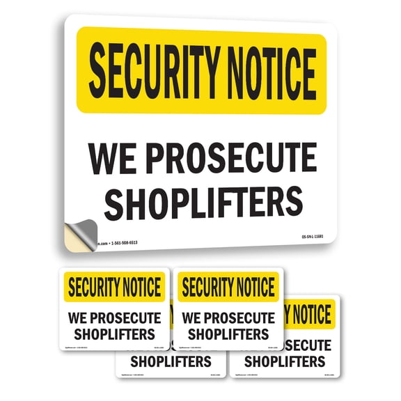 We Prosecute Shoplifters OSHA Security Notice Vinyl Decal Label 5 Inch x 3.5 Inch - 5 Pack