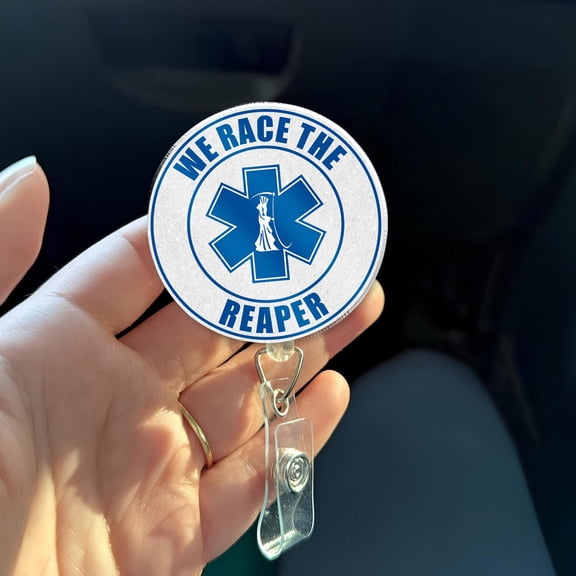 We Race The Reaper Badge Reel, EMS Paramedic EMt Badge, Star of Life First Responder ID Holder, ER Tech Fire Rescue Gift