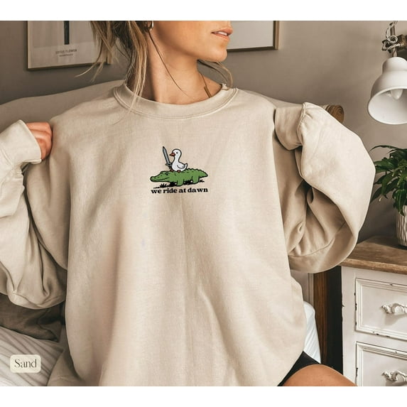 We Ride at Dawn Embroidered Sweatshirt, Silly Goose Cozy Embroidery, Funny Ren Faire Crewneck, Cute Cottagecore Animal