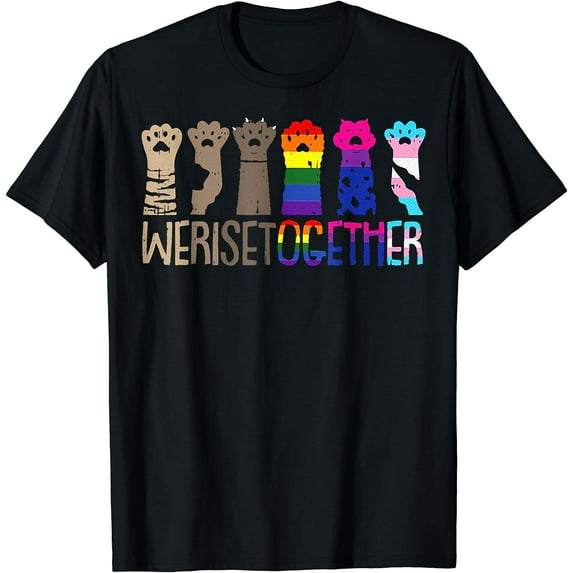 We Rise Together Gay Pride Cat Paw Print Kitten LGBT-Q Ally T-Shirt