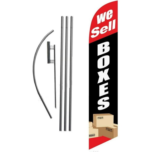 We Sell Boxes Advertising Feather Banner Swooper Flag Sign with 15 Foot Flag Pole Kit and Ground Stake, Red and Black