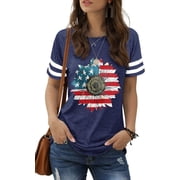American Flag Sunflower Shirts for Women 4th of July T-Shirt USA Flag Shirts Patriotic Graphic Tee TopsL,2 Blue