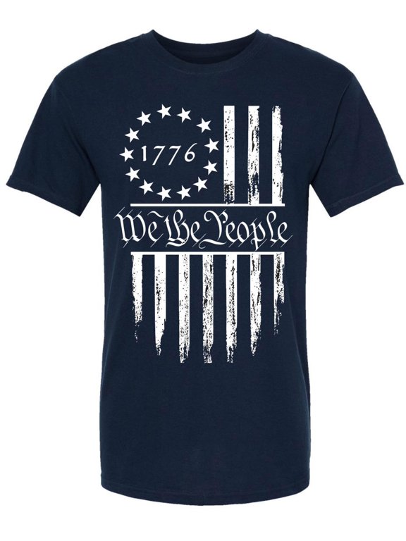 We The People 1776 USA Flag T-Shirt - Long Center Print American Distressed US Flags Patriots Tee Shirt (NavyBlue, XX-Large)