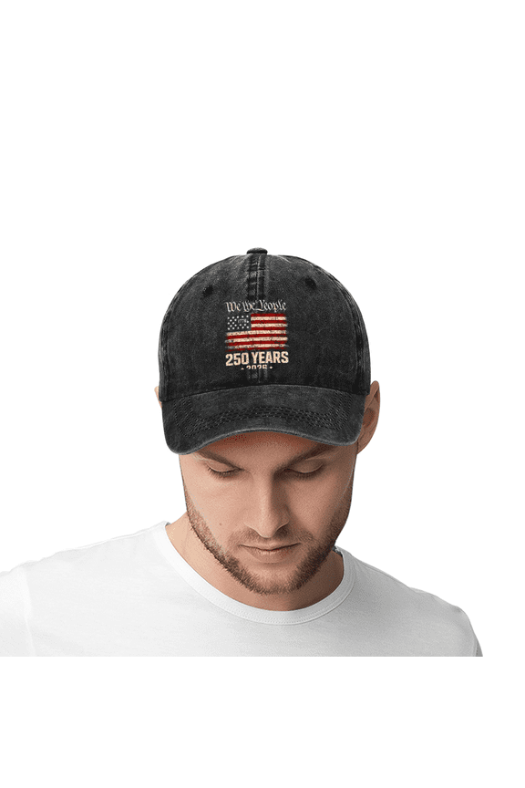 We The People 250 Years 1776-2026 USA Flag Vintage Washed Black Baseball Cap, Patriotic Adjustable Dad Hat