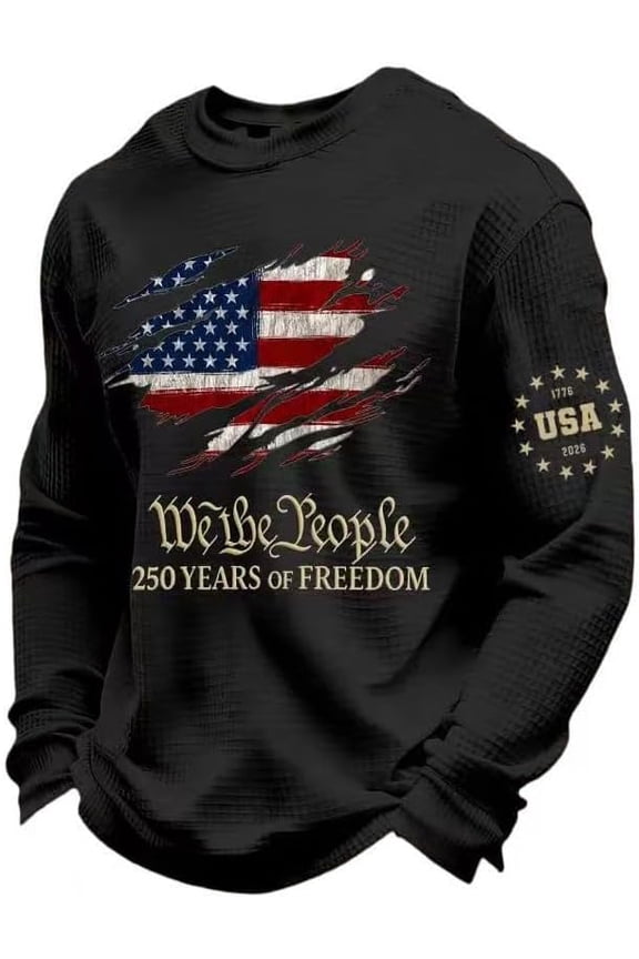 We The People 250 Years of Freedom Crewneck Sweatshirt for Men,American Flag Waffle Patriotic Commemorative Pullover