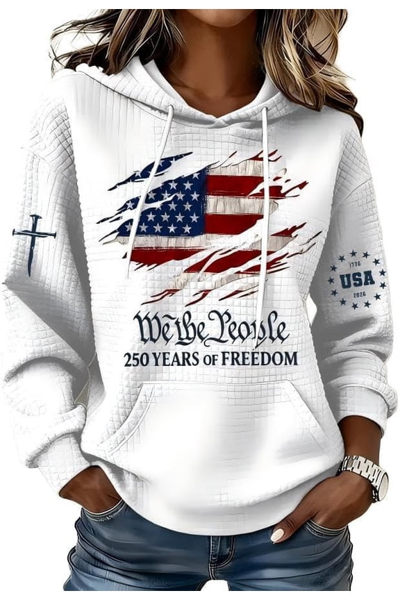 We The People 250 Years of Freedom Hoodie for Women,American Flag Cross Waffle Patriotic Hooded Sweatshirt with Pocket