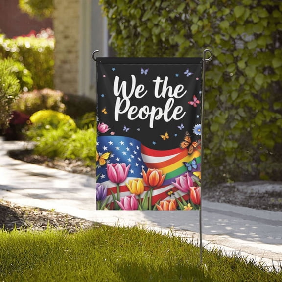 We The People Garden Flag Rainbow Tulips Butterflies American Flag DoubleSided 12x18 Inch Outdoor Yard Decor Patriotic Spring Summer Decor