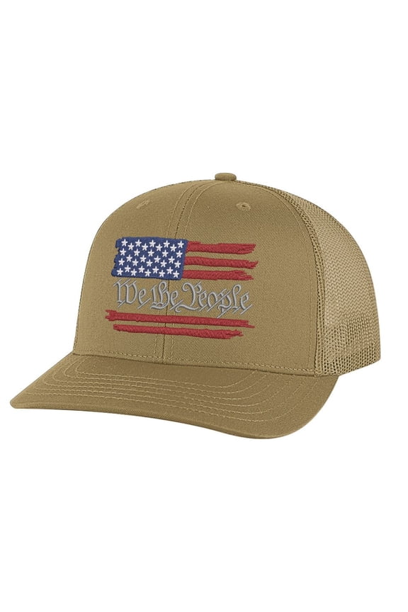 We The People Snapback Hat - Distressed American Flag with 'We The People' Embroidered, Patriotic Trucker Cap for Freedom-Loving Americans (Coyote)
