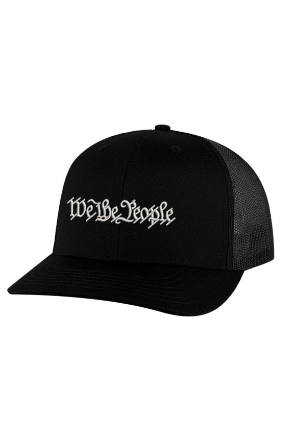 Constitution Trucker Hat - We The People Cap with Silver Embroidery | Patriotic Snapback (Black)