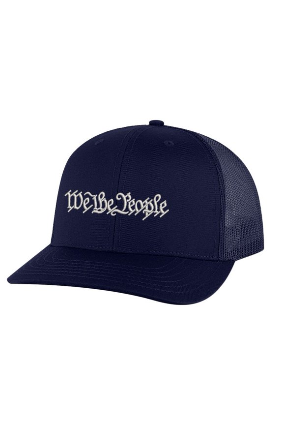 We The People Trucker Hat – Embroidered Silver Thread | Patriotic Snapback Cap with Mesh Back for Freedom Lovers (NavyBlue)