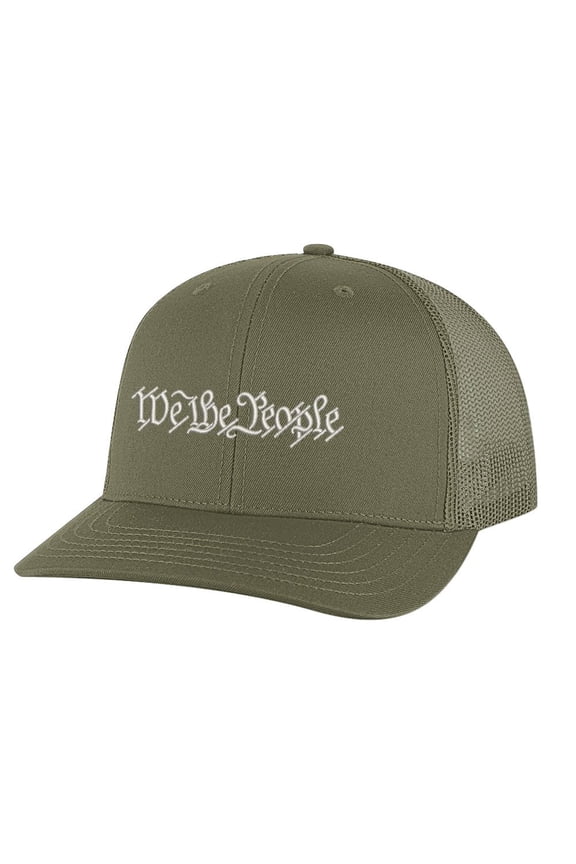 Constitution Trucker Hat - We The People Cap with Silver Embroidery | Patriotic Snapback (Olive)
