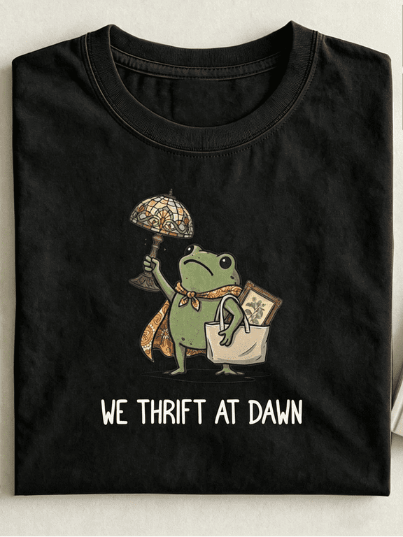 We Thrift At Dawn Cute Frog Graphic T Shirt, Funny Vintage Frog Thrifting Lover Casual Tee for Women