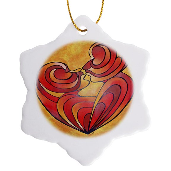 3drose, We Two Are One - Abstract, Couple, Heart, Kiss, Love, Lovers, Ochre, 3 inch Snowflake Porcelain Ornament