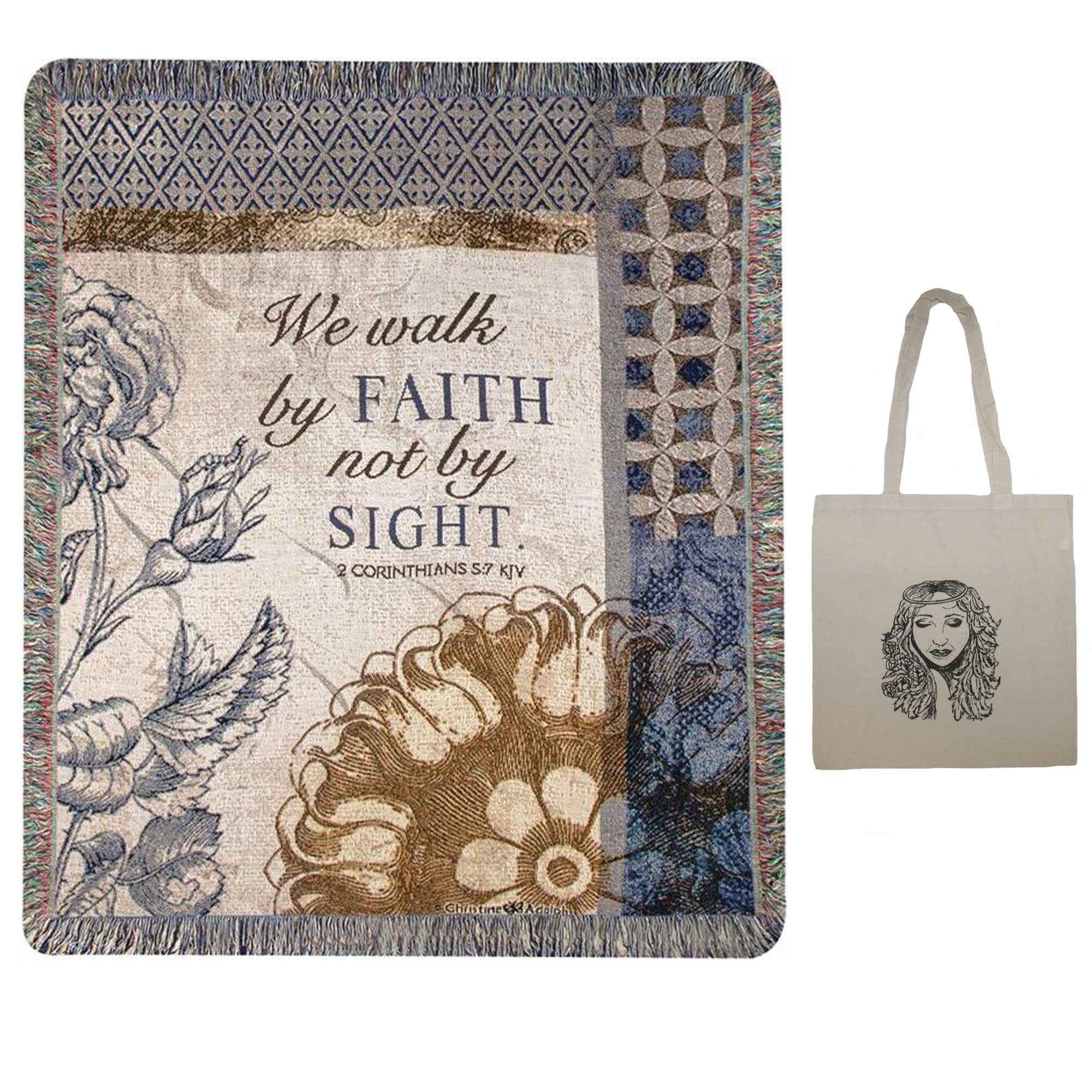 We Walk By Faith 50" x 60" Inspirational Tapestry Throw Blanket & Angel