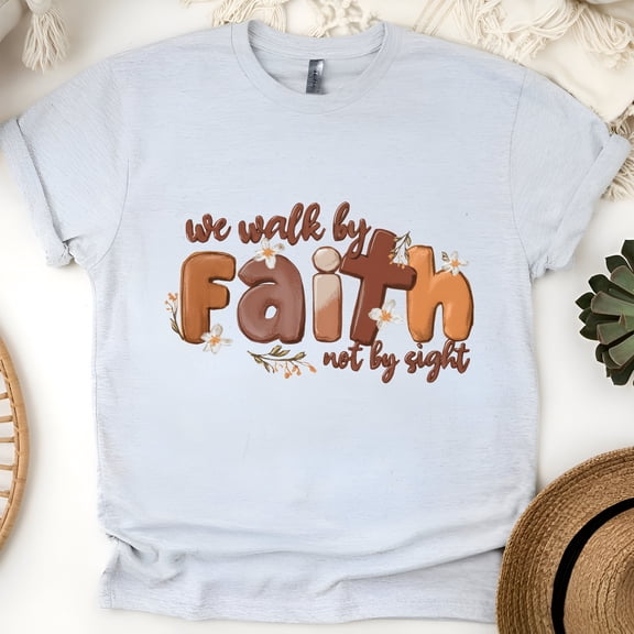 We Walk by Faith Not by Sight T-Shirt | 2 Corinthians 5:7 Christian Tee, Ash, Size L