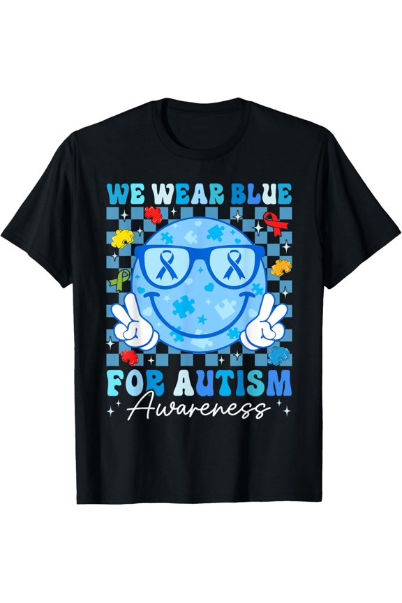 We Wear Blue For Autism Awareness Groovy Smile Face Boy T-Shirt All Size S-5XL