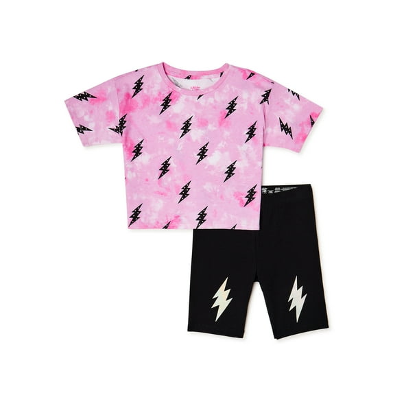 We Wear Cute Girls Boxy Graphic T-Shirt and Iridescent Foil Bike Shorts, 2-Piece Outfit Set, Sizes 4-16