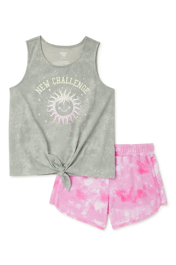 Girls Tie-Front Graphic Tank Top and Cozy Shorts, 2-Piece Outfit Set, Sizes 4-16