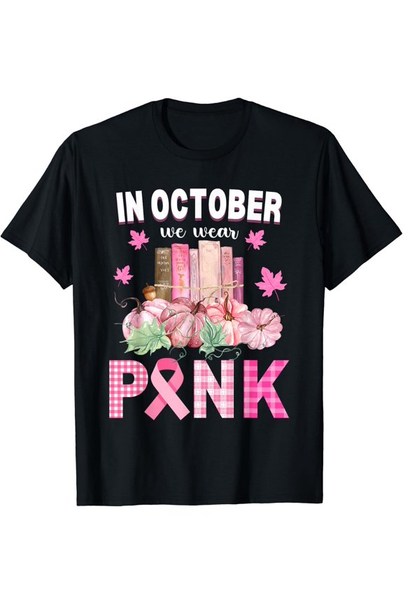 We Wear Pink Library Crew Fall Halloween Breast Cancer Books T-Shirt Size S-5XL