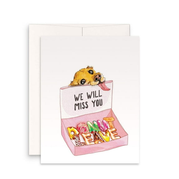 We Will Miss You Card – Adorable Dog Design with Donut Letters – Perfect for Farewell, Moving Away, or Good Luck Wishes – Envelope Included