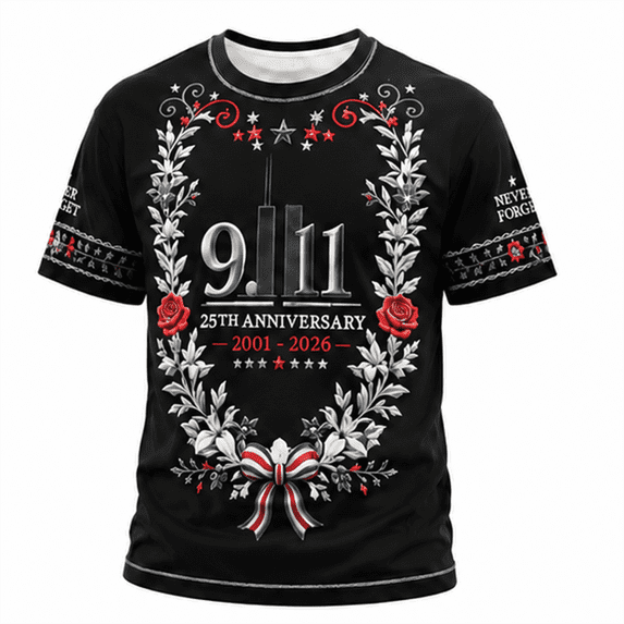 We Will Never Forget 9/11 25th Anniversary Men's T-Shirt - Memorial Graphic Crew Neck Casual Top with Ornamental Art for Daily Wear Black 3XL
