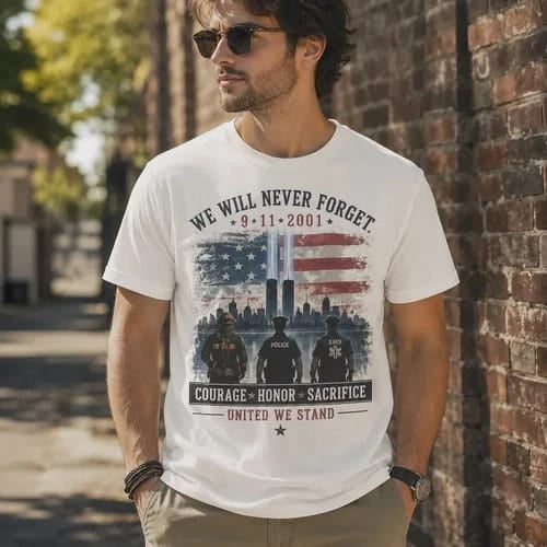 We Will Never Forget 9/11, Memorial Tribute, First Responder, Patriotic Remembrance, Short Sleeve T-Shirt