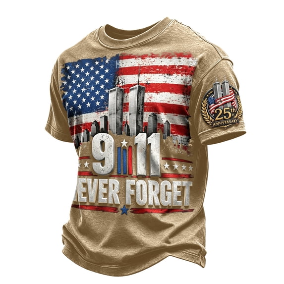 We Will Never Forget 911 Mens T-Shirt 25th Anniversary 2001-2026 Twin Towers American Flag Graphic Crew Neck September 11 Memorial Casual Tops