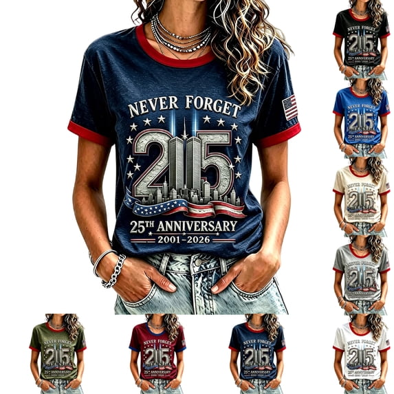 We Will Never Forget 911 Short Sleeve Tops for Women 9/11 25th Anniversary Shirt Patriotic Vintage Memorial Day Graphic T-Shirt Navy S