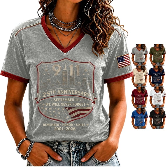 We Will Never Forget 911 Short Sleeve Tops for Women 9/11 25th Anniversary Shirt Patriotic Vintage Memorial Graphic T-Shirt Gray S