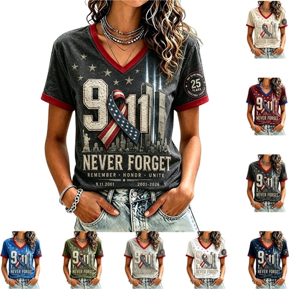 We Will Never Forget 911 Tshirts Shirts for Women 9/11 25th Anniversary Shirt Patriotic American Flag Memorial Faith Tee Black L