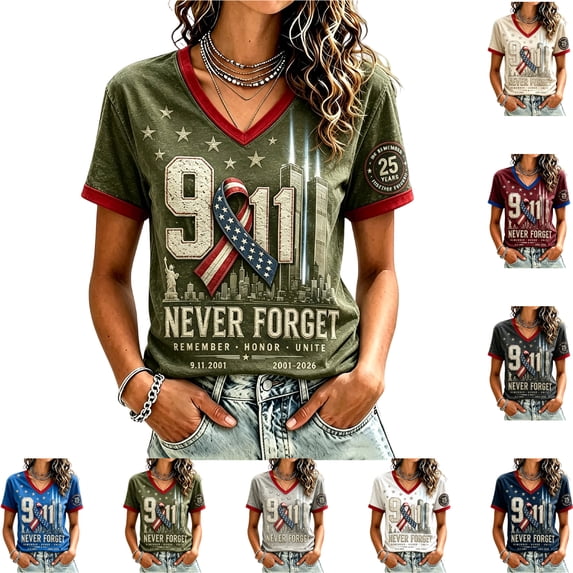 We Will Never Forget 911 Womens Shirts 9/11 25th Anniversary Shirt Patriotic American Flag Memorial Day Honor Tops Army Green XL