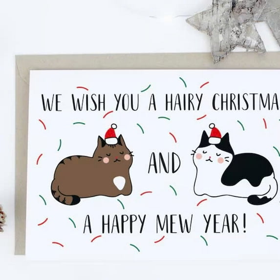 We Wish You a Hairy Christmas Card – Cute Cats Holiday Greeting – Blank Inside for Personal Messages – Perfect for Christmas and New Year’s Wishes